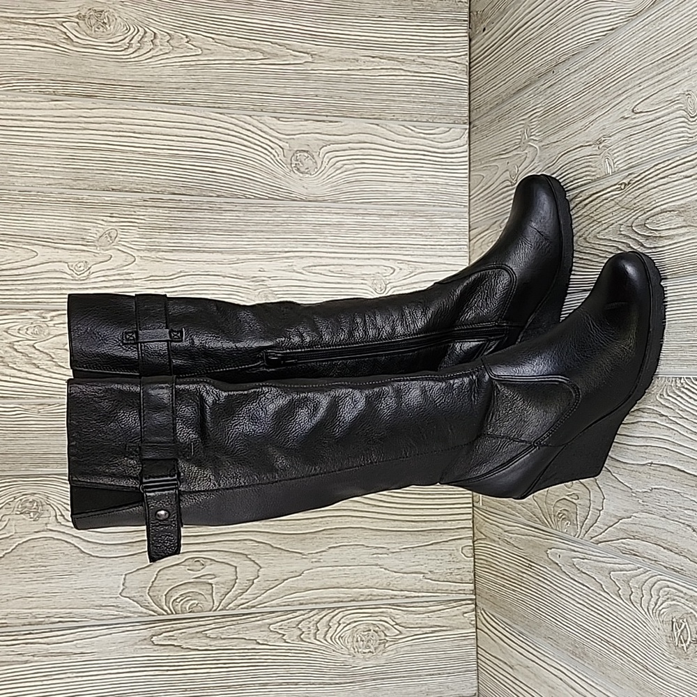 ALDO Black Leather Tall Wedge Boots, Women's Size 10